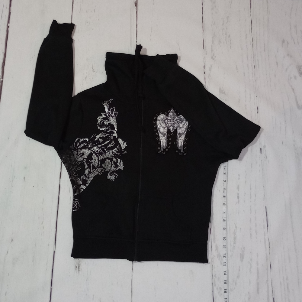 SOHO BABE Black Cowl Neck Full Zip Silver Fleur De Lis Sweatshirt L - Picture 4 of 17